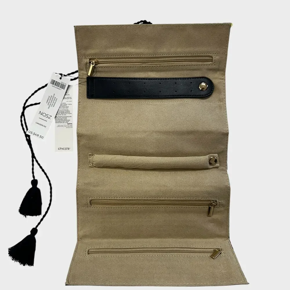 Chicos NWT $49.50 Jewelry Roll Travel Case Animal Print Leopard Tassel Tie